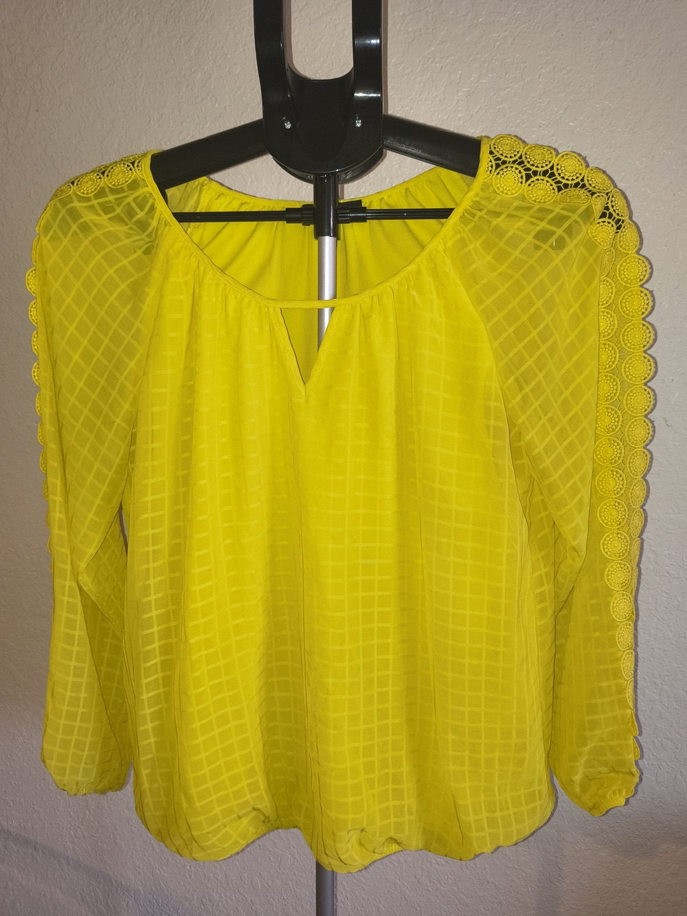 Alyx Bright Yellow Sheer Grid-Pattern Long Sleeve Blouse